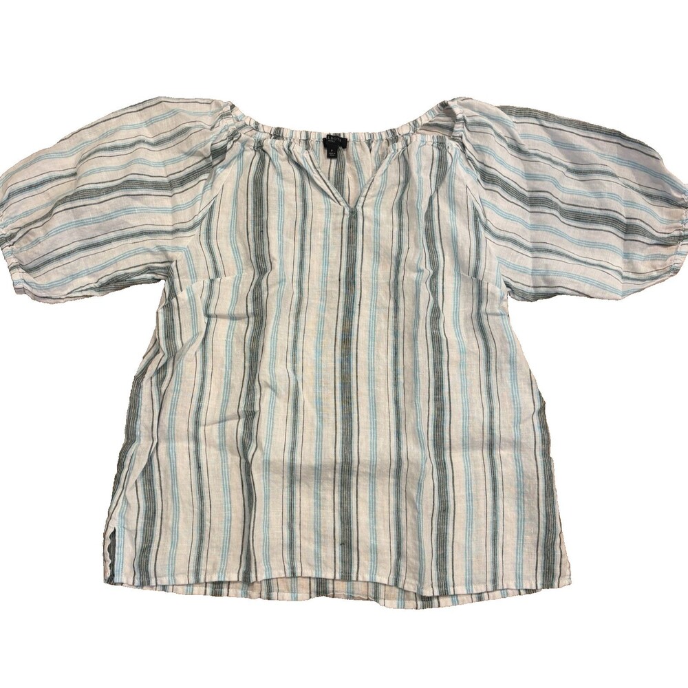 Talbots Blouse Womens Petite Linen Short Sleeve Balloon Striped Peasant Boho NEW